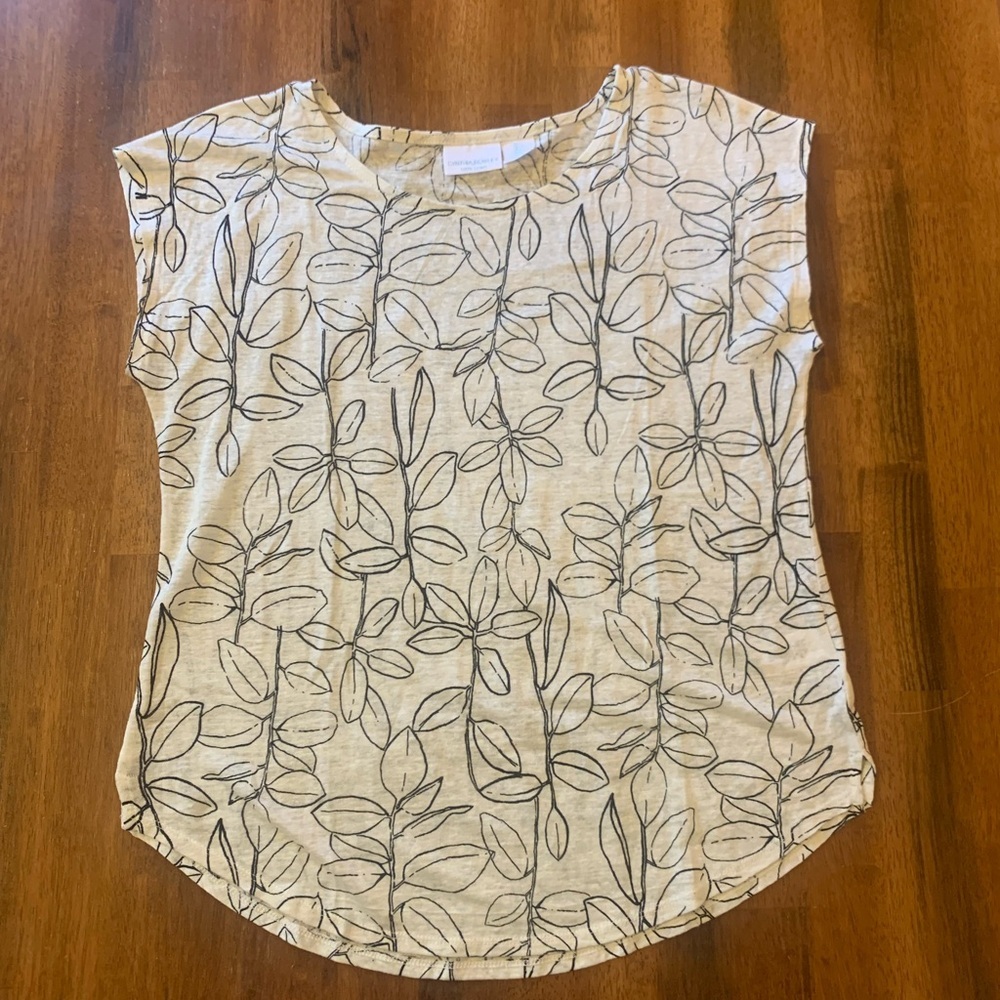 Cynthia Rowley Large 100% Linen Sleeveless Top Off White with Black Floral Boho